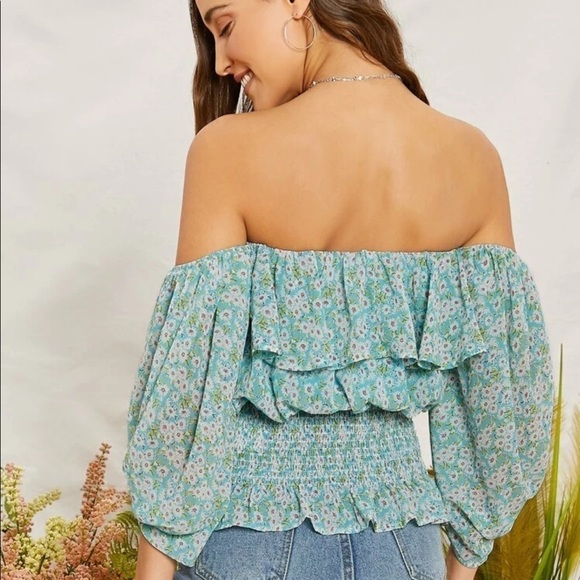 Blue Floral Print Off the Shoulders Boho Draped Sleeve Blouse Top Size Small S - Picture 5 of 9